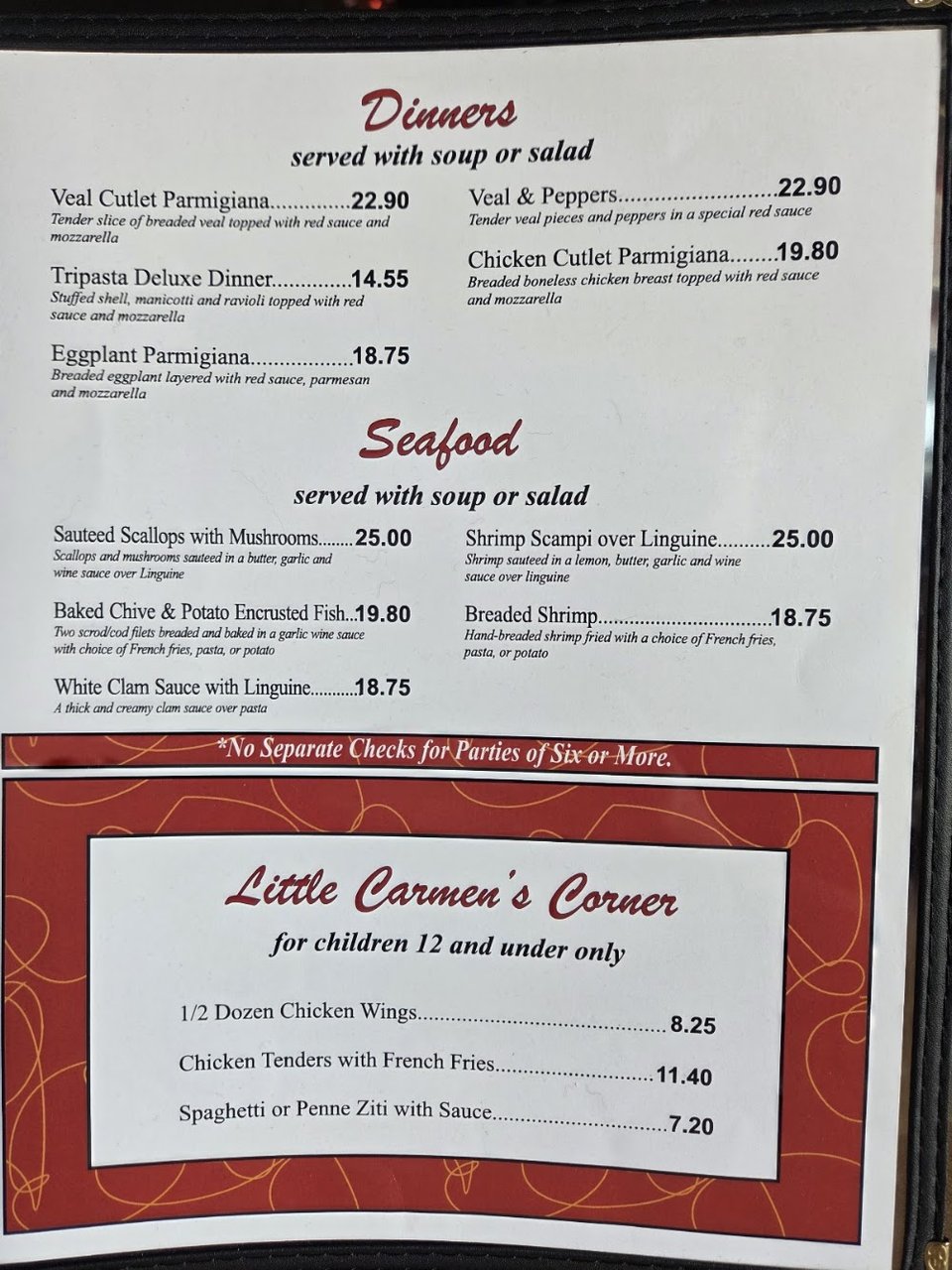 Restaurant menu featuring classic red-sauce dishes.